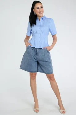 Neo Noir Balara stripe poplin Blouse korte mouw Licht blauw